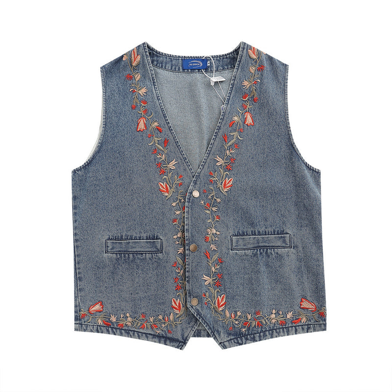 Men Vest Floral Embroidery Casual Denim Vest