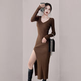 Women Maxi Dress Autumn and Winter V-neck Long Sleeve Slim Knit Dress