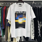 Purple Brand T Shirts Spring/Summer Sea Sunrise Printed Men's and Women's Loose Casual Short-Sleeved T-shirt