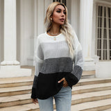 Women Knitted Sweater Autumn Crew Neck Loose Stitching Contrast Color Knitted Long Sleeve Sweater