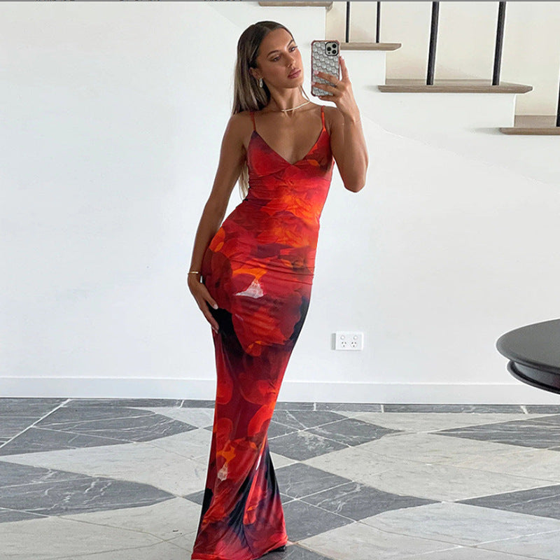 Women Dresses Summer Slim Fit Long Dress Sexy V-neck Strap Dress