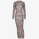 Women Dresses Summer Sexy Slim Hip round-Neck Long-Sleeved Dress
