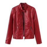 Red Leather Jacket Casual Leather Jacket Spring and Autumn Women's Leather Jacket Long Sleeve Zipped Stand Collar Coat