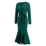 Women Date Dress Knitted Long Sleeve V-neck Lace-up Fishtail Skirt