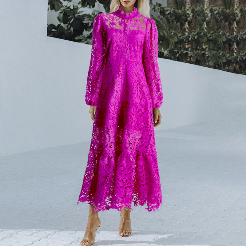Women Dresses Spring Dress Stand-Collar Hollow-out Dress (Qymy0409)
