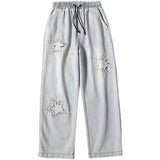 Men Jeans Five-Pointed Star Summer Washed-out Vintage Wide Leg Denim Trousers