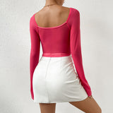 Women Party Tops Sexy Mesh T-shirt Flower Lace-up Long Sleeve Top