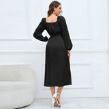 Women Date Dress Slim-Fit Long Sleeve V-neck Lace-up A- line Dress Lantern Sleeve Dress
