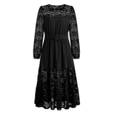 Women Date Dress Autumn Winter Sexy Long Sleeve round Neck Lace Long Dress Dress