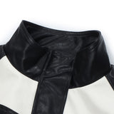 Women Jacket Stitching Contrast Color PU Leather Jacket Stand Collar Casual Long Sleeve Motorcycle Jacket