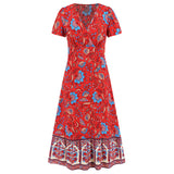 Women Date Dress Floral Dress Short Sleeve V-neck Bohemian A- line Skirt