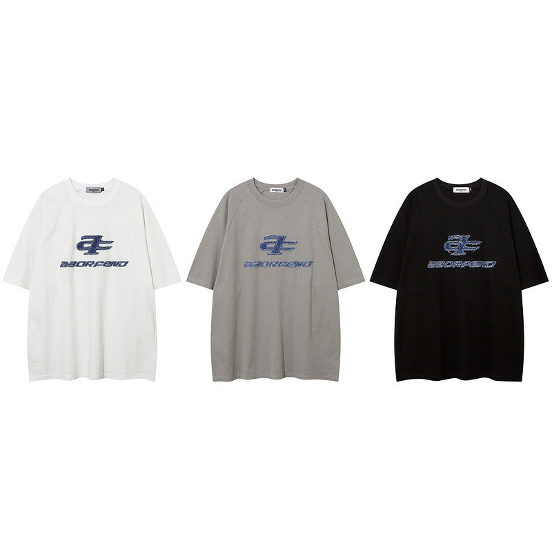 Men T Shirt Letter Denim Affixed Cloth Embroidered Short Sleeve T-shirt