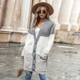 Women Knitted Sweater Fall Long Single-Breasted Color Matching Cardigan Sweater Coat