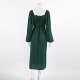 Women Dress Autumn and Winter Elegant Square Collar Puff Sleeve Dress