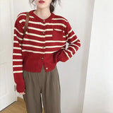 Women Knitwear Autumn round Neck Striped Sweater Vintage Loose Knitted Cardigan