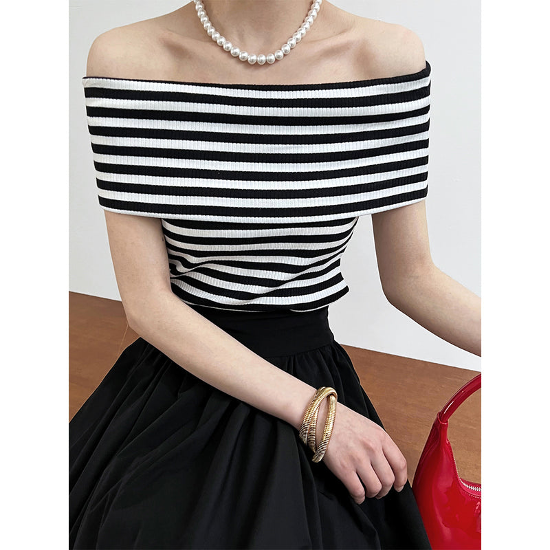 Women T Shirt off-Shoulder Striped T-shirt Slim-Fit Sexy off-Shoulder Knitted Top
