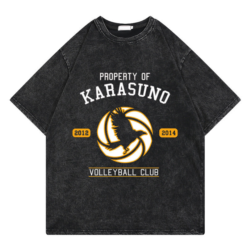 Washed retro cartoon printed casual cotton short sleeves