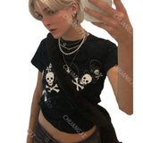 Women T-shirt Retro Black Top T-shirt with Short Sleeves Summer