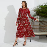 Women Date Dress Autumn and Winter Leisure Floral V-neck Long-Sleeve Dress