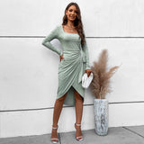 Women Dress Autumn and Winter Square Collar Sheath Long Sleeve Dress