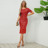 Women Date Dress round Neck Vintage Sequined Tassel Evening Dress