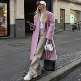 Women Trench Coat Fall/Winter Woolen Thick Pink Lapel Coat