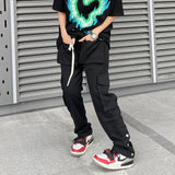 Men Sweatpants Mechanical Style Solid Color Multi-Pocket Baggy Straight Trousers