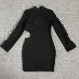 Women's Evening Dress Black Long Sleeve Bowknot Hollow-out Midriff Mini Skirt Sheath Bandage One-Piece Dress