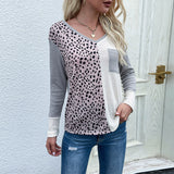 Women Knitted Sweater Loose V-neck Patchwork Leopard Print Sweater Top
