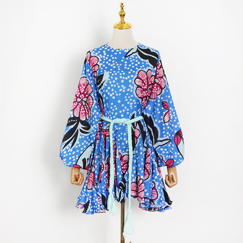 Women Dresses Casual Color Printed round Neck Loose Lantern Sleeve Short Dress (Qymy0409)
