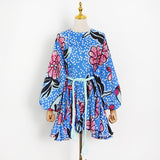 Women Dresses Casual Color Printed round Neck Loose Lantern Sleeve Short Dress (Qymy0409)
