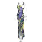 Women Dresses Autumn Printed Slim Fit Slit Backless Sling Dress