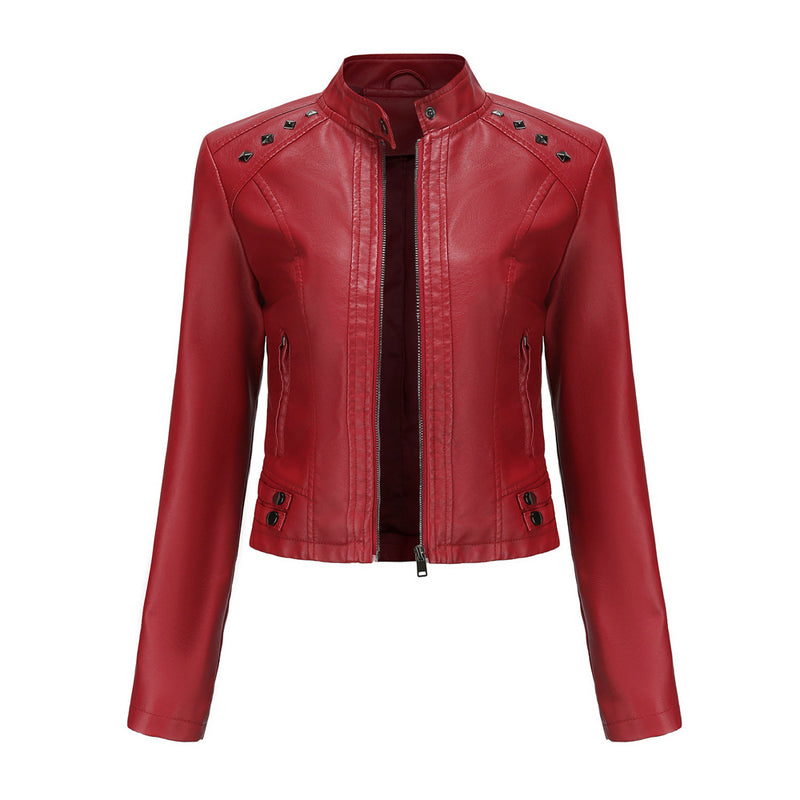 Red Leather Jacket Women's Rivet Leather Coat Spring and Autumn Jacket