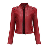 Red Leather Jacket Women's Rivet Leather Coat Spring and Autumn Jacket