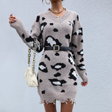 Women Knitted Sweater Autumn Knitted Long Sleeve V-neck Shabby Leopard Print Woolen Skirt