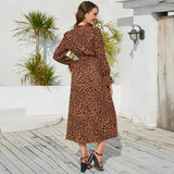 Women Date Dress Leopard Print Stud for Autumn and Winter Stand Collar Long Sleeve Dress Pleated Dress