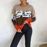 Women Knitted Sweater Autumn and Winter Leisure Top Leopard Print Color Block Long Sleeves Outerwear Sweater