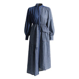 Women Dresses Spring Retro Denim Dress Women's Stand Collar Single-Breasted Dress (Qymy0409)