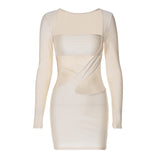 Women Dresse Spring Summer Slim-Fit Long Sleeve Short Hip-Hugger Dress Hollow Skirt