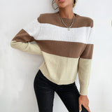 Women Knitted Sweater Autumn Leisure Color Block Long Sleeve Crew Neck Sweater