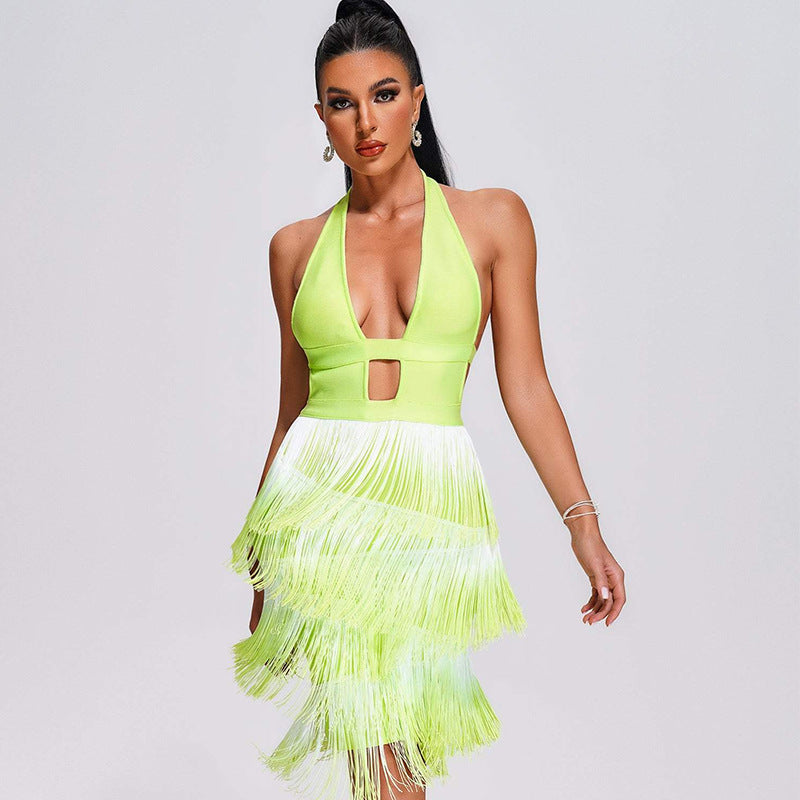 Women Evening Dress Bandage Fluorescent Green Dress Tassel Hip Skirt