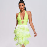 Women Evening Dress Bandage Fluorescent Green Dress Tassel Hip Skirt