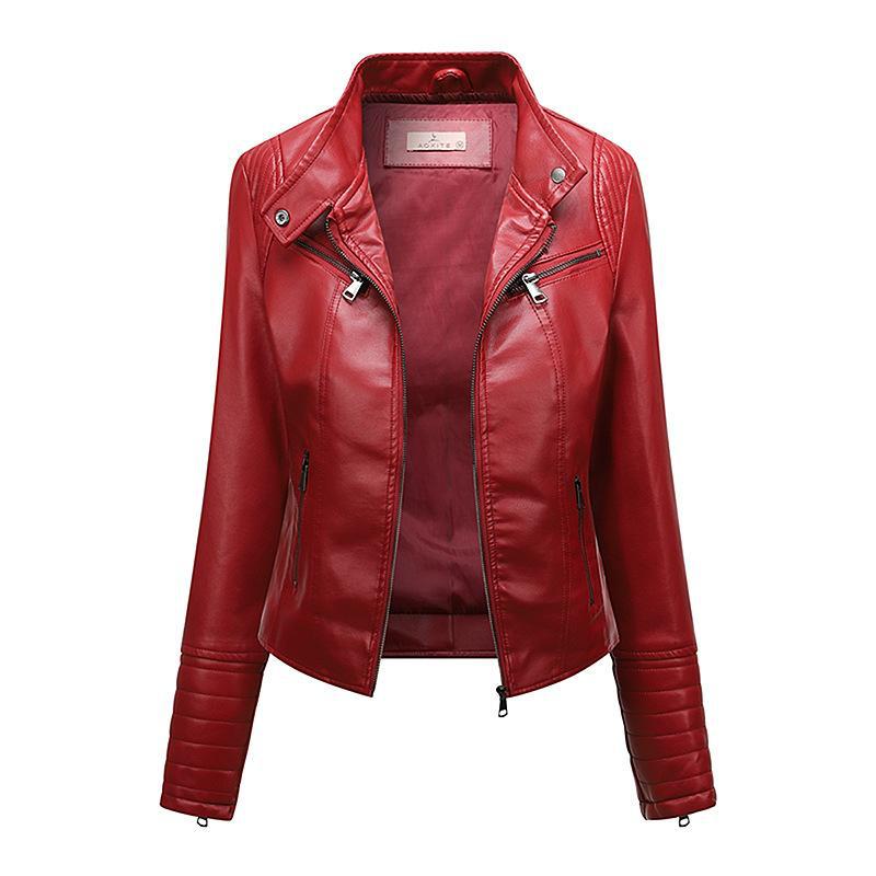Red Leather Jacket Spring and Autumn Coat Women's plus Size Stand Collar Leather Jacket