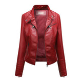 Red Leather Jacket Spring and Autumn Coat Women's plus Size Stand Collar Leather Jacket