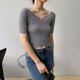 Women Knitted T-shirt V-neck Short-Sleeved Sweater Slim T-shirt
