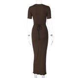 Women Dresses Winter Crew Neck Slim Back Lace-up Long Sleeve Dress