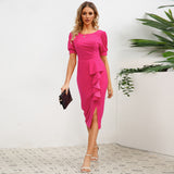 Women Date Dress round Neck Pleated Lace Dress