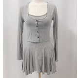 Women Dresses Sling Dress Cardigan Button Jacket Long-Sleeved Skirt