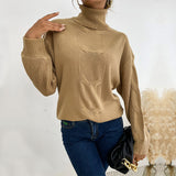 Women Knitted Sweater Turtleneck Solid Color Long Sleeve Twist Mid-Length Sweater
