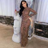 Women Dresses Winter Mesh Slim Fit round-Neck Long-Sleeved Dress